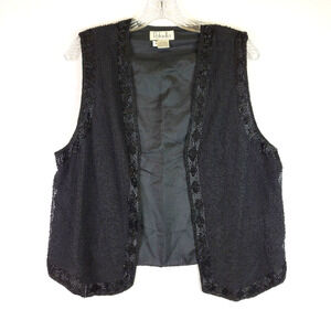 Rafaella Womens Beaded Lined Open Front Silk Evening Vest Size Medium Black